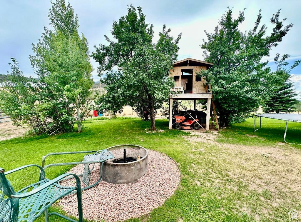 View of green lawn with a trampoline