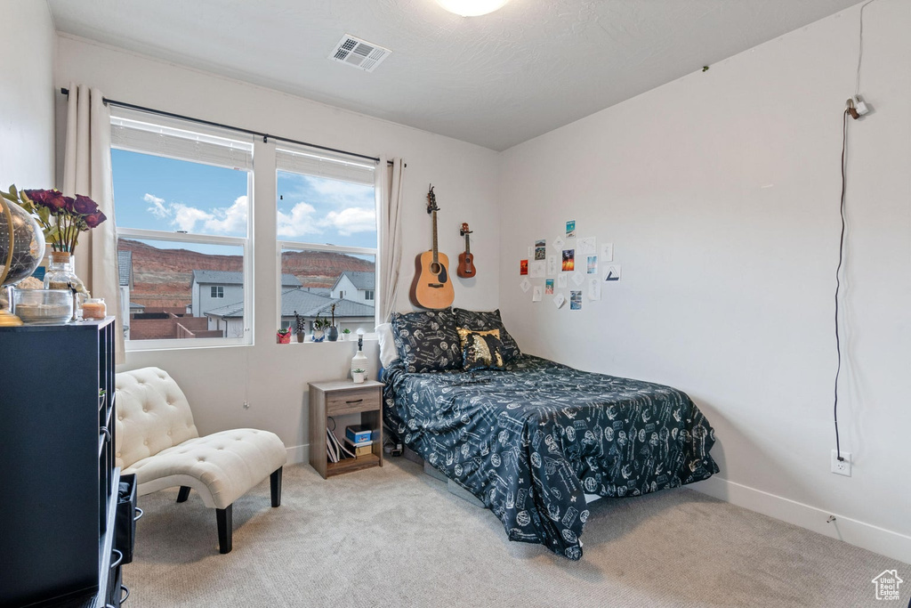 Carpeted bedroom with baseboards and visible vents