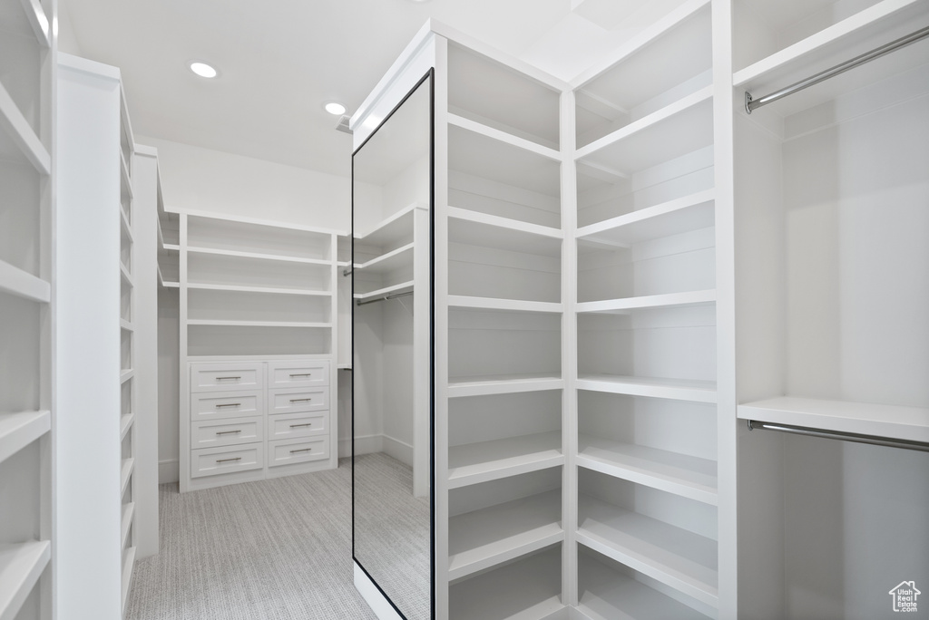 Walk in closet featuring light carpet