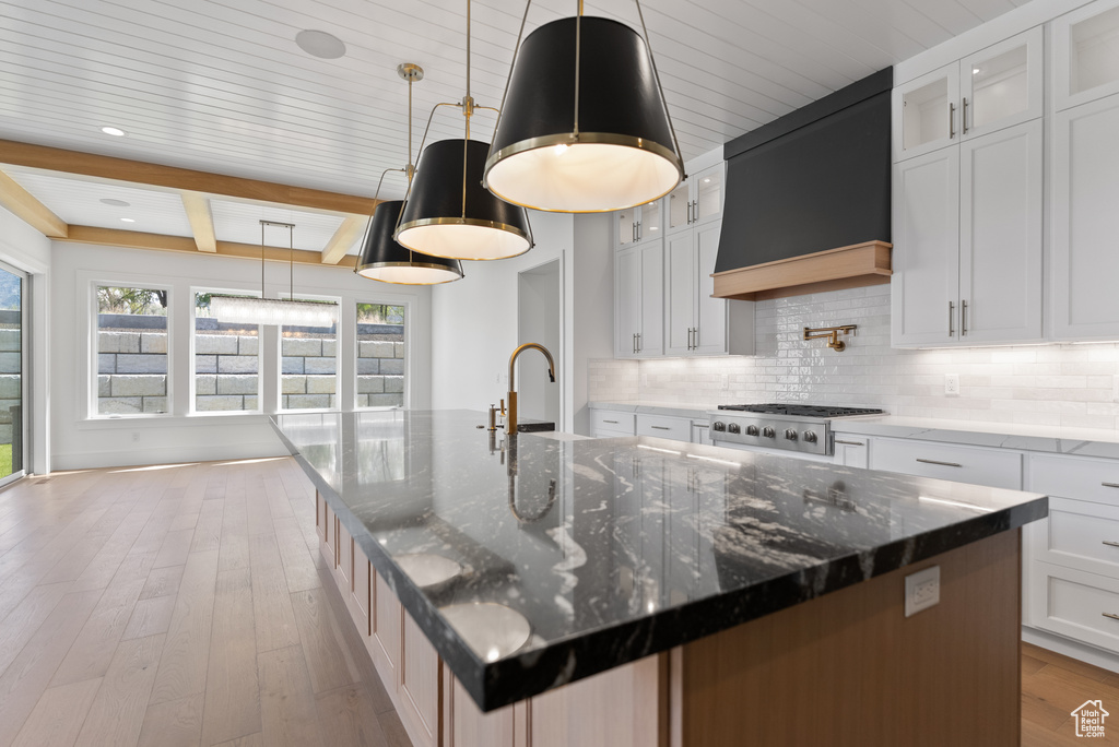 Kitchen with glass insert cabinets, tasteful backsplash, a large island with sink, premium range hood, and light wood-style floors