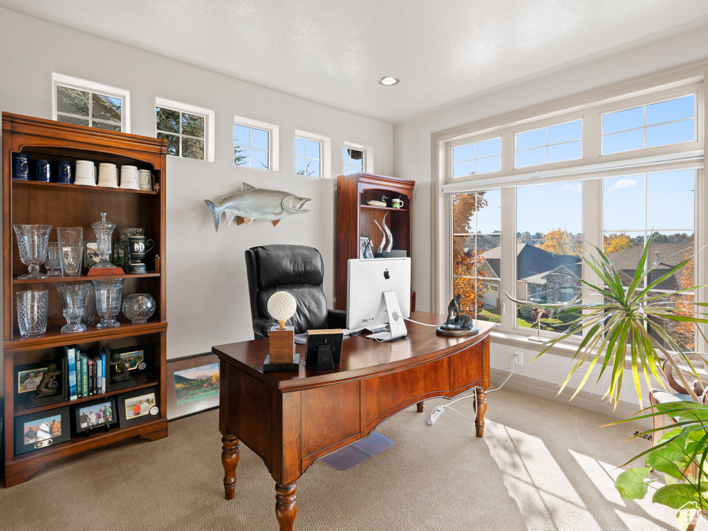 Carpeted office featuring recessed lighting and a healthy amount of sunlight