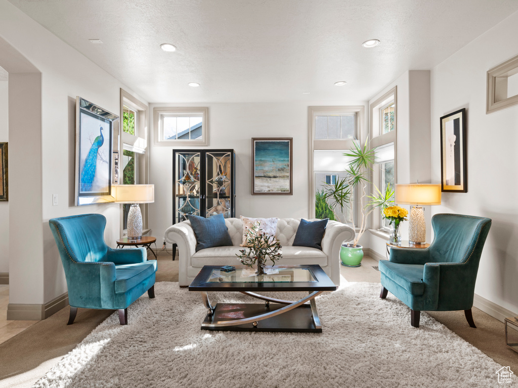 Living room with recessed lighting, baseboards, and carpet floors