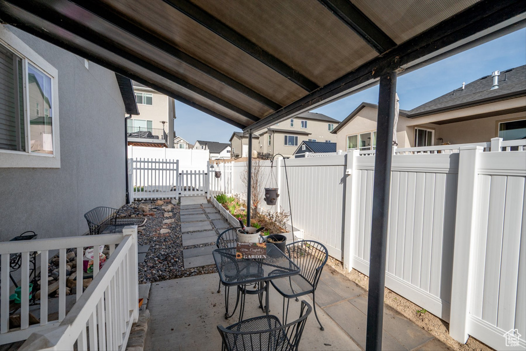 View of patio featuring a residential view, a fenced backyard, and outdoor dining area