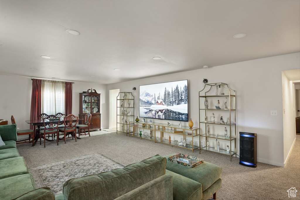 Carpeted living area with baseboards