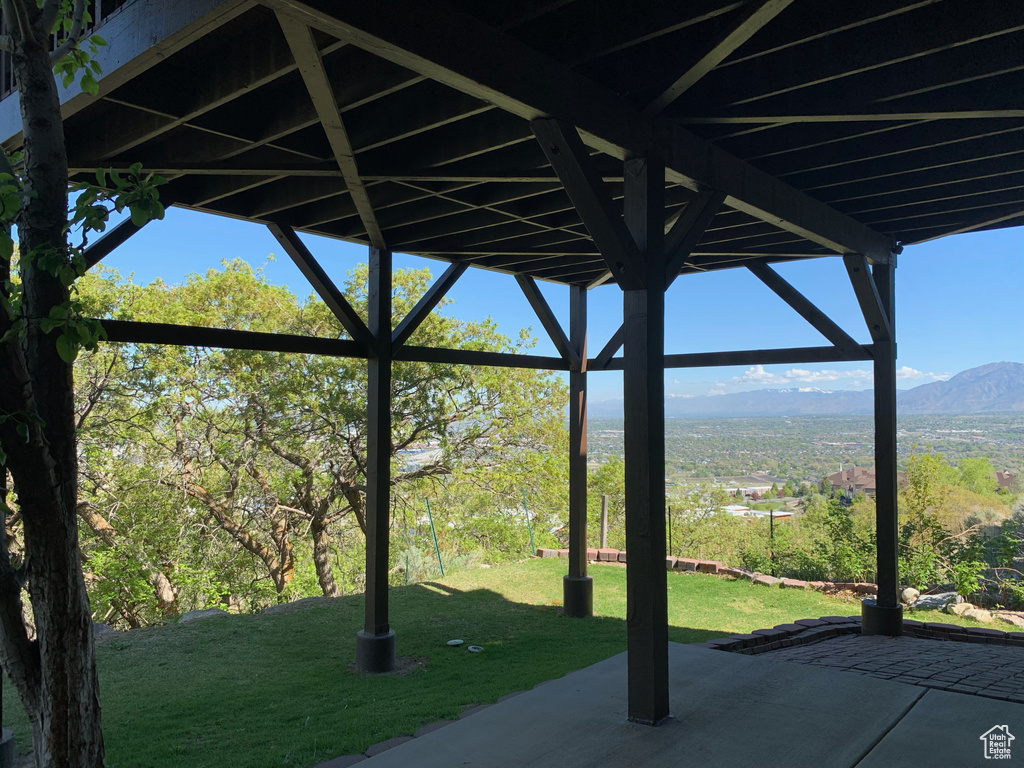 View of patio featuring a mountain view