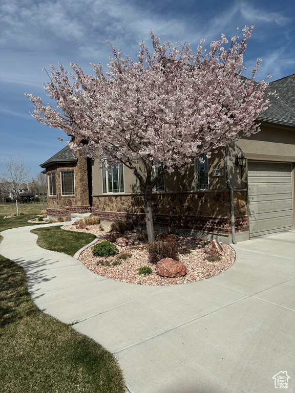 Obstructed view of property with concrete driveway, stucco siding, stone siding, and a garage