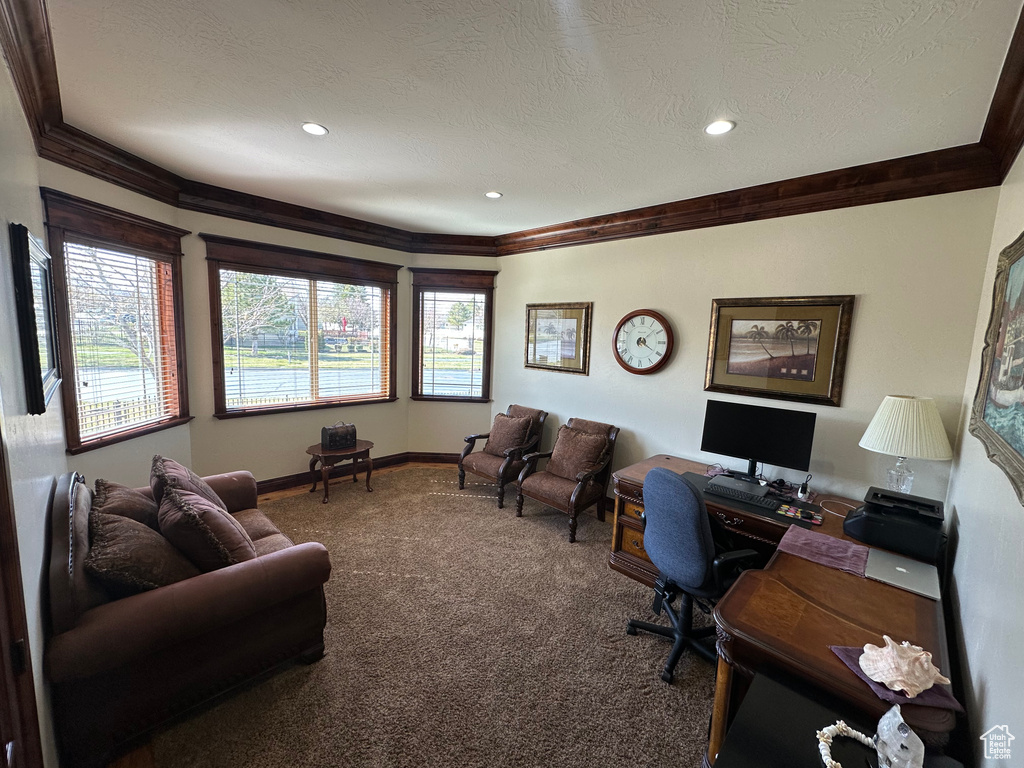 Office area with baseboards, ornamental molding, recessed lighting, a textured ceiling, and carpet floors