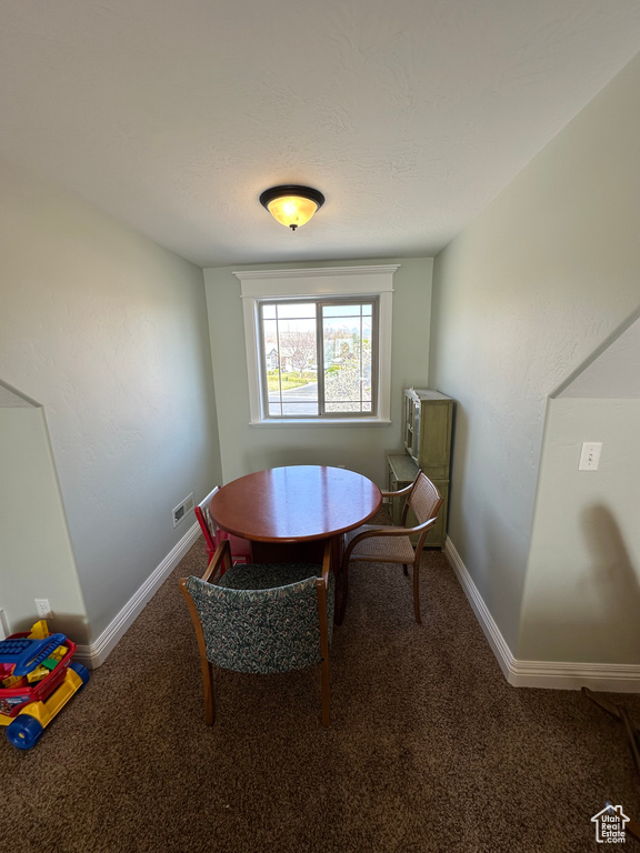 Dining space featuring carpet floors, baseboards, and visible vents
