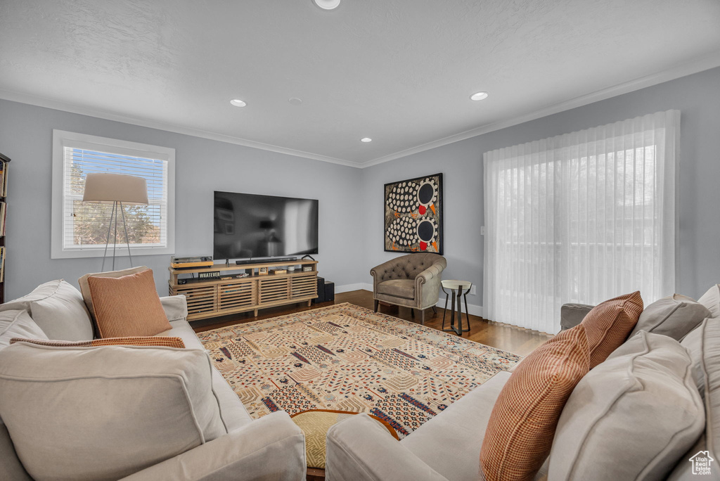 Living area with ornamental molding, baseboards, recessed lighting, and wood finished floors