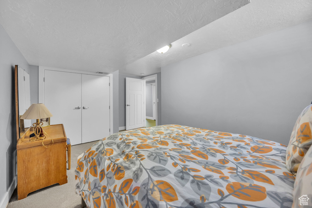 Bedroom featuring a closet, carpet, and a textured ceiling