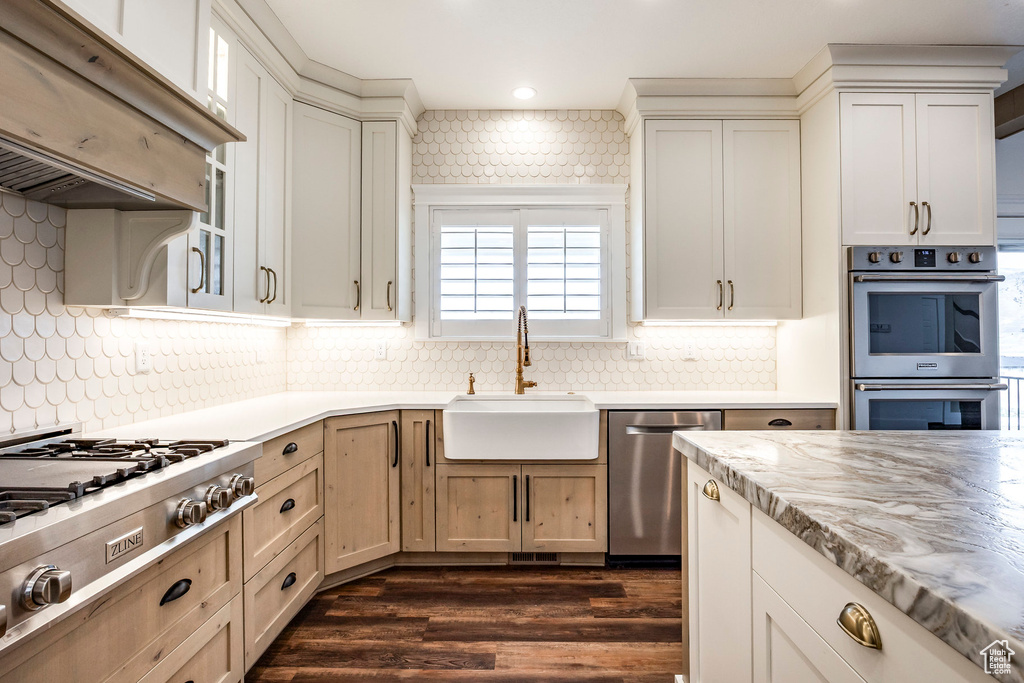 Kitchen featuring stainless steel appliances, ventilation hood, dark wood-style floors, decorative backsplash, and recessed lighting