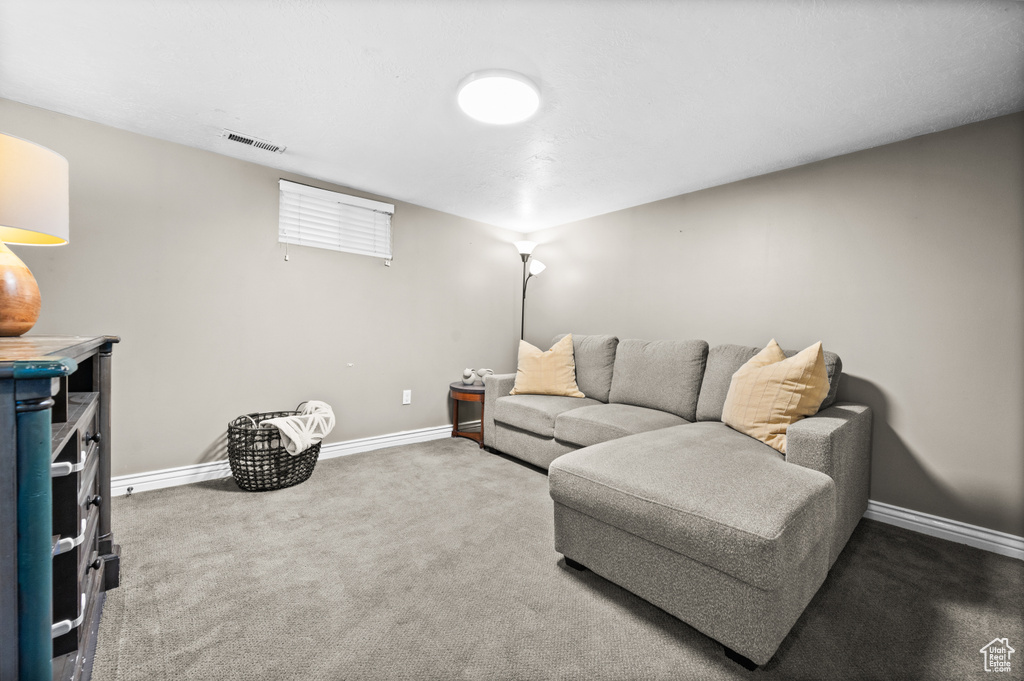 Carpeted living area with visible vents and baseboards