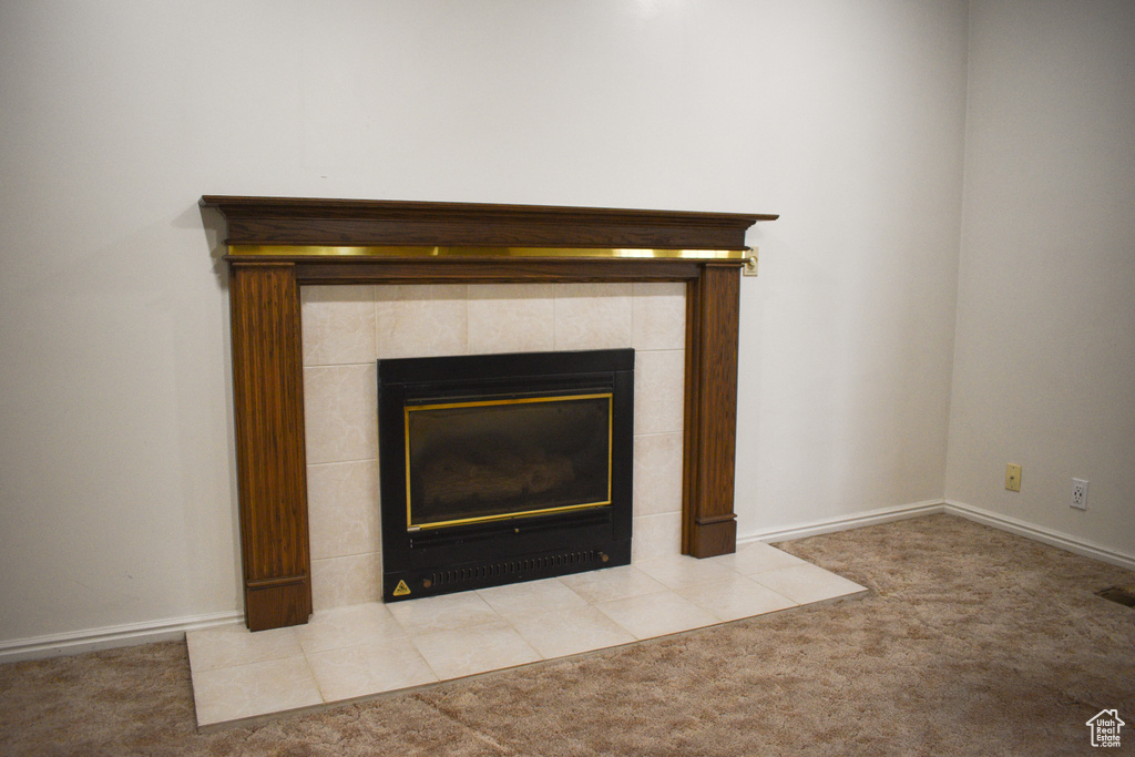Detailed view of carpet flooring and a fireplace