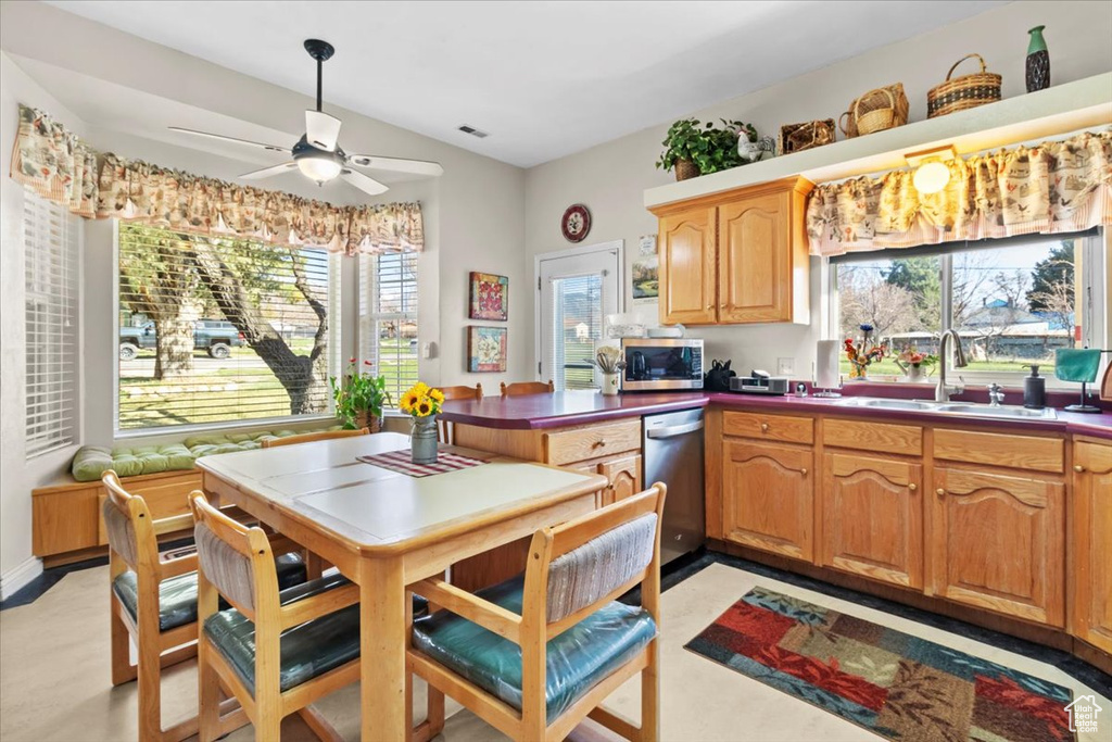 Kitchen featuring ceiling fan, a peninsula, visible vents, appliances with stainless steel finishes, and a sink