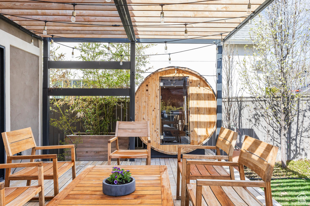 Exterior space with a pergola