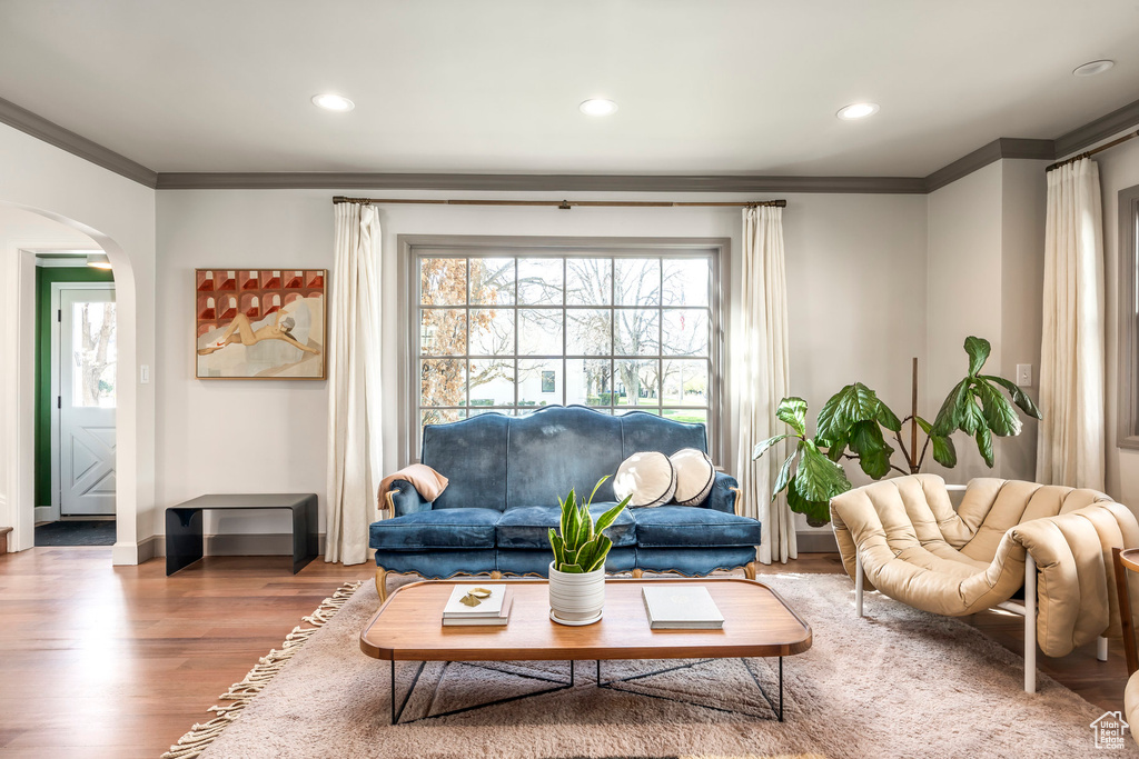 Living area with arched walkways, wood finished floors, a wealth of natural light, and ornamental molding