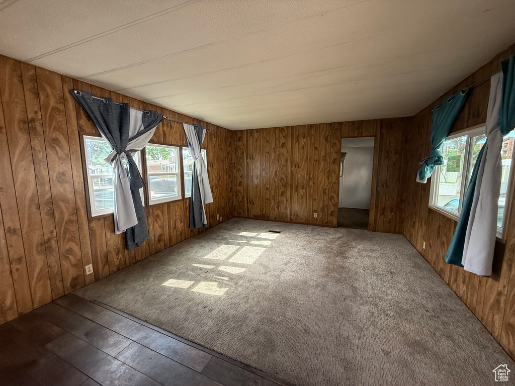 Carpeted spare room with wooden walls