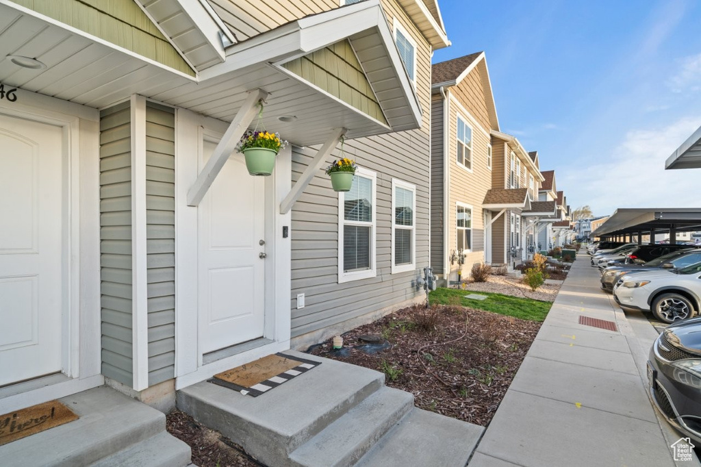 Property entrance featuring a residential view