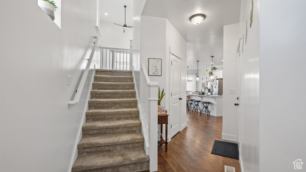 Stairway with visible vents, baseboards, hardwood / wood-style floors, and a ceiling fan