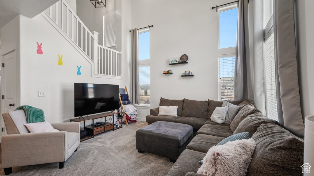 Living room with carpet and a high ceiling