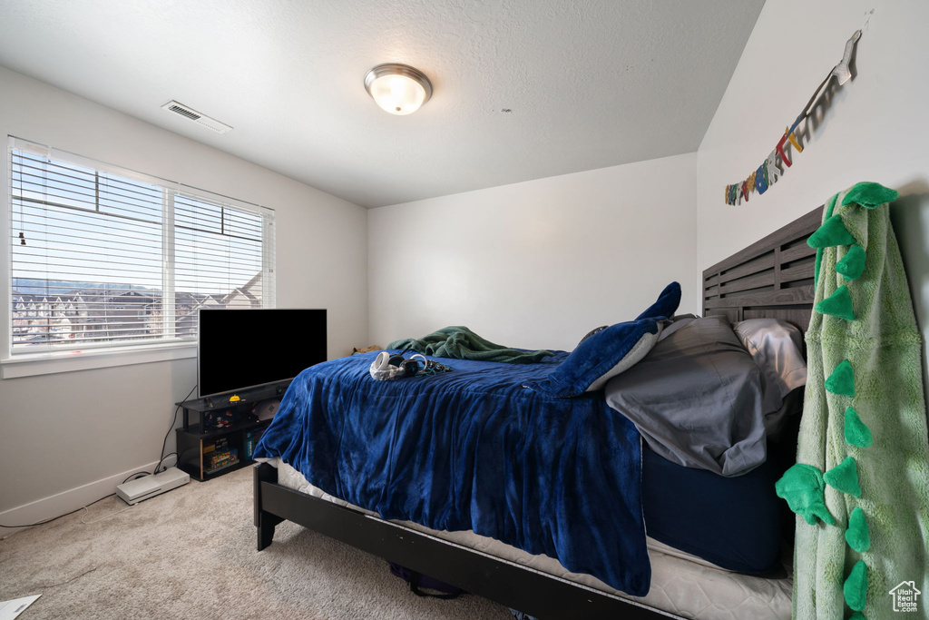 Carpeted bedroom featuring visible vents and baseboards