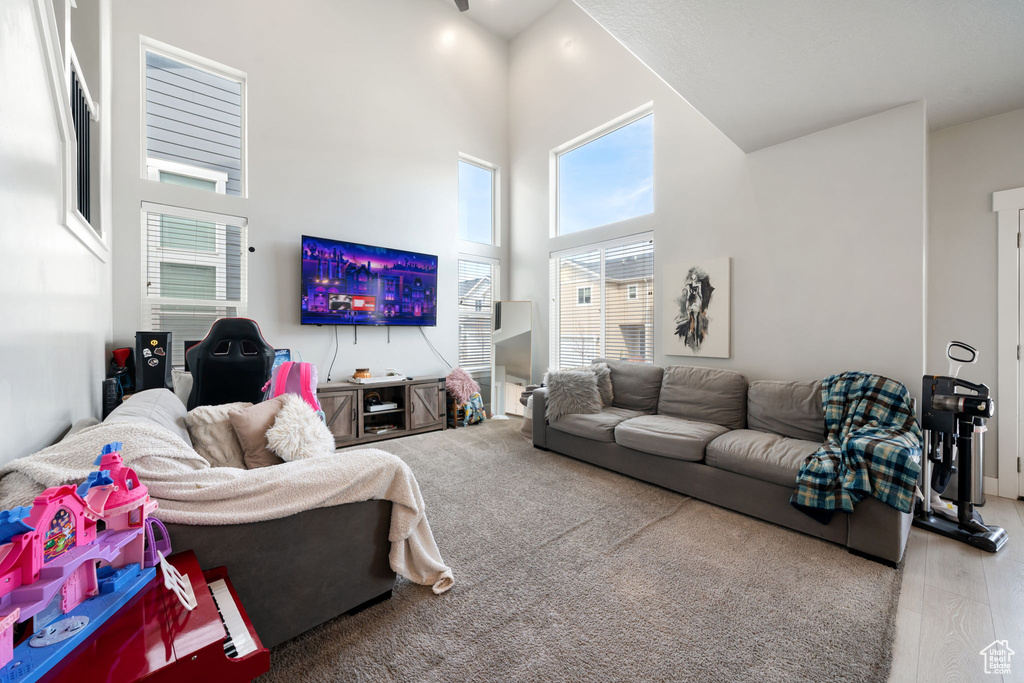 Living area with a high ceiling and wood finished floors