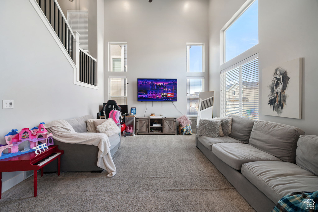 Living room featuring carpet floors and a high ceiling