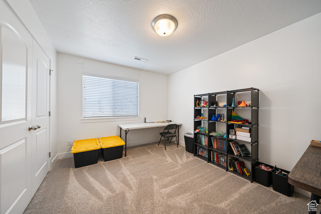 Interior space with visible vents, carpet, and a textured ceiling