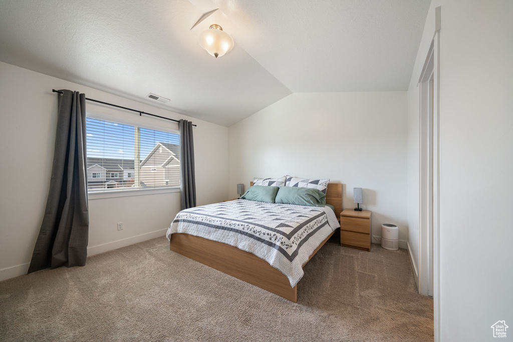 Carpeted bedroom featuring visible vents, baseboards, and lofted ceiling