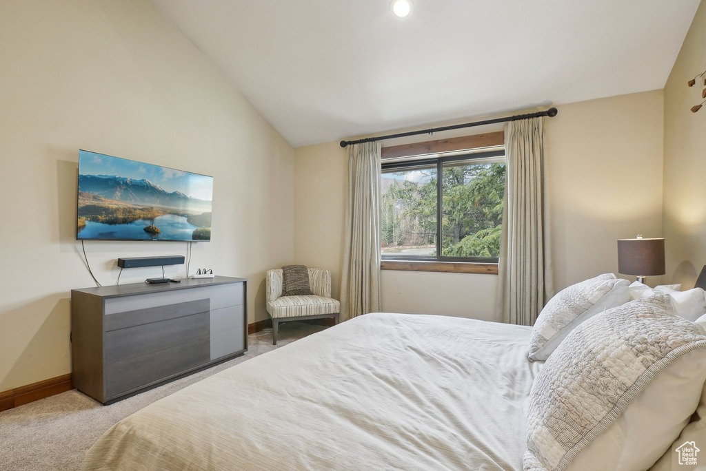 Carpeted bedroom with baseboards and lofted ceiling