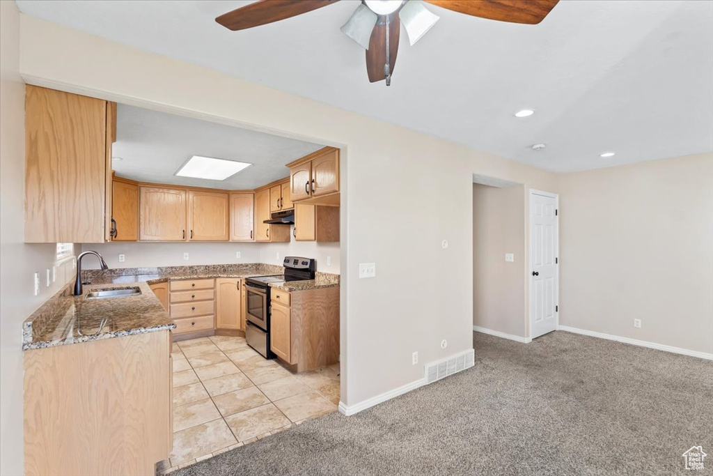 Kitchen with stainless steel electric range, light colored carpet, a sink, and under cabinet range hood