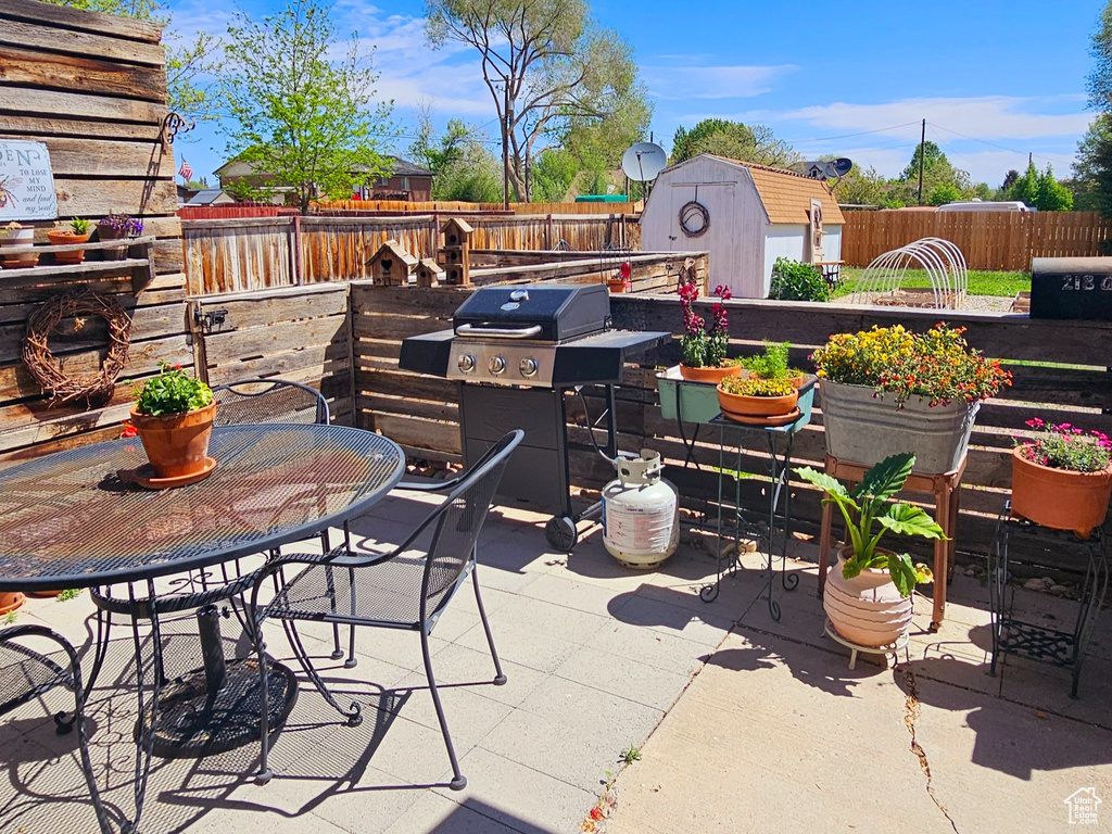 View of patio featuring a fenced backyard, a grill, a fireplace, and outdoor dining area