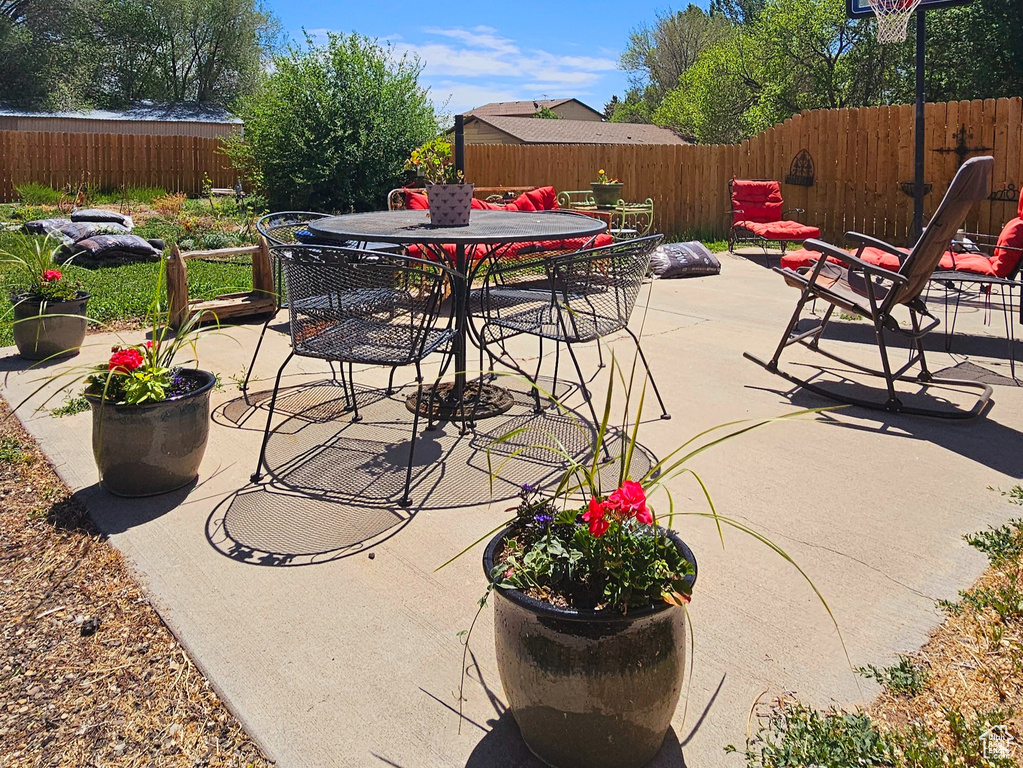 View of patio / terrace featuring a fenced backyard and outdoor dining space