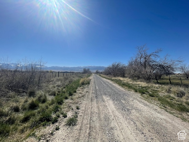 View of dirt / gravel road featuring a view of rural / pastoral area and a mountain view