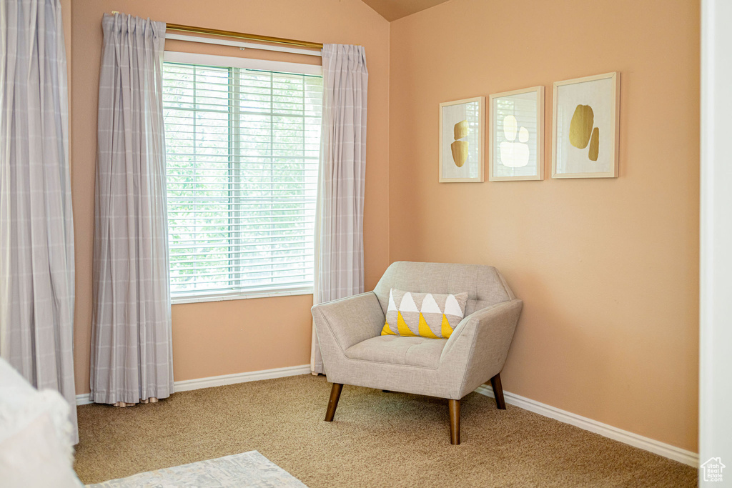 Living area with carpet flooring and baseboards