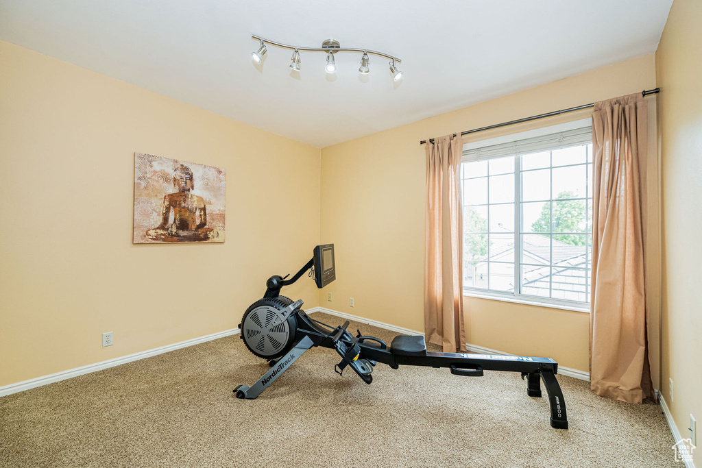 Exercise room with carpet and baseboards