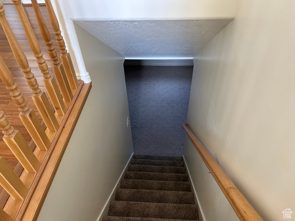 Stairway featuring a textured ceiling, baseboards, and carpet
