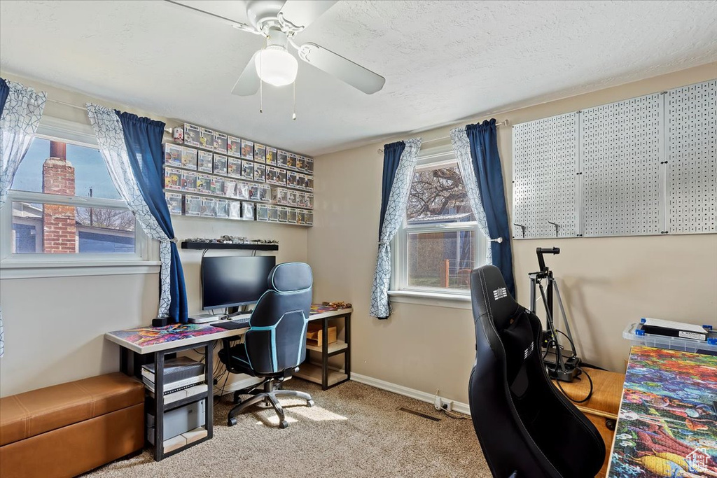Office space with a textured ceiling, baseboards, a ceiling fan, and carpet floors
