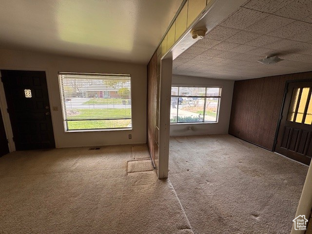 Empty room featuring carpet flooring and wooden walls