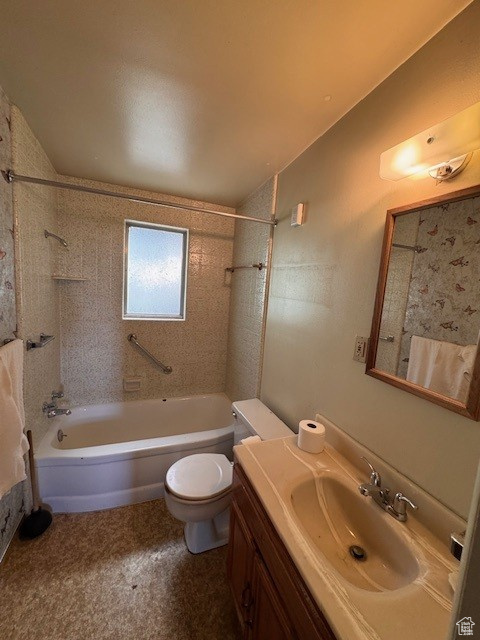Full bath with bathing tub / shower combination, vanity, and toilet