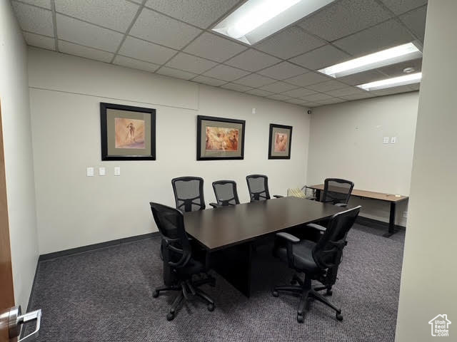 Office space with carpet and a paneled ceiling