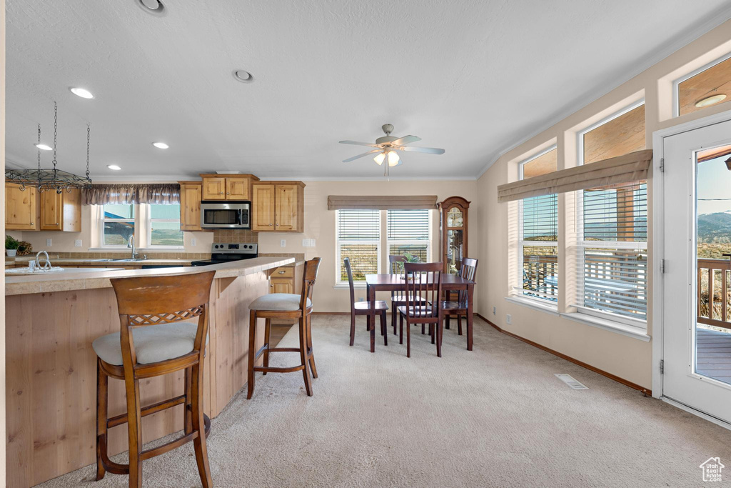 Kitchen featuring a kitchen breakfast bar, light carpet, light countertops, a sink, and stainless steel appliances