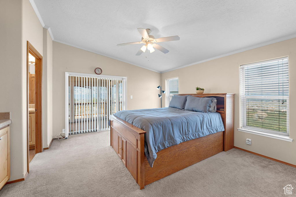 Bedroom featuring light carpet, access to exterior, baseboards, and ornamental molding