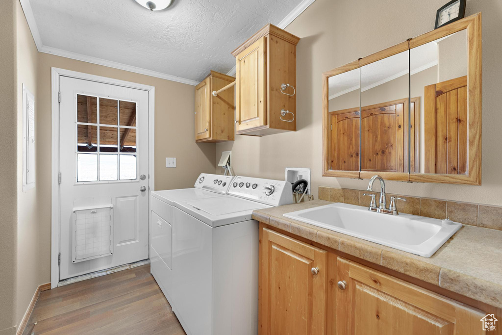 Laundry area featuring a sink, ornamental molding, washing machine and clothes dryer, and cabinet space
