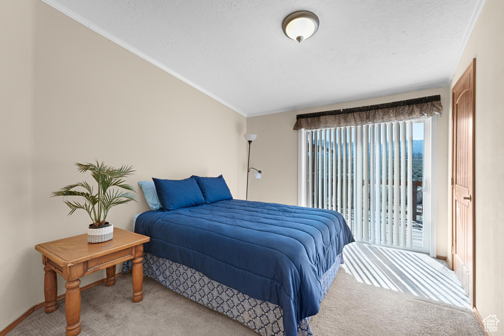 Carpeted bedroom with access to outside and ornamental molding