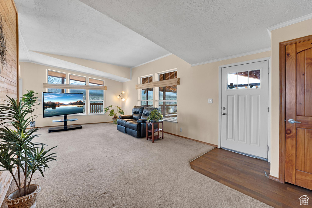 Carpeted entrance foyer with a textured ceiling, baseboards, and ornamental molding