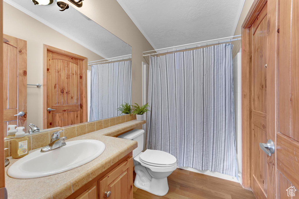Full bathroom featuring vanity, a textured ceiling, a shower with curtain, toilet, and wood finished floors
