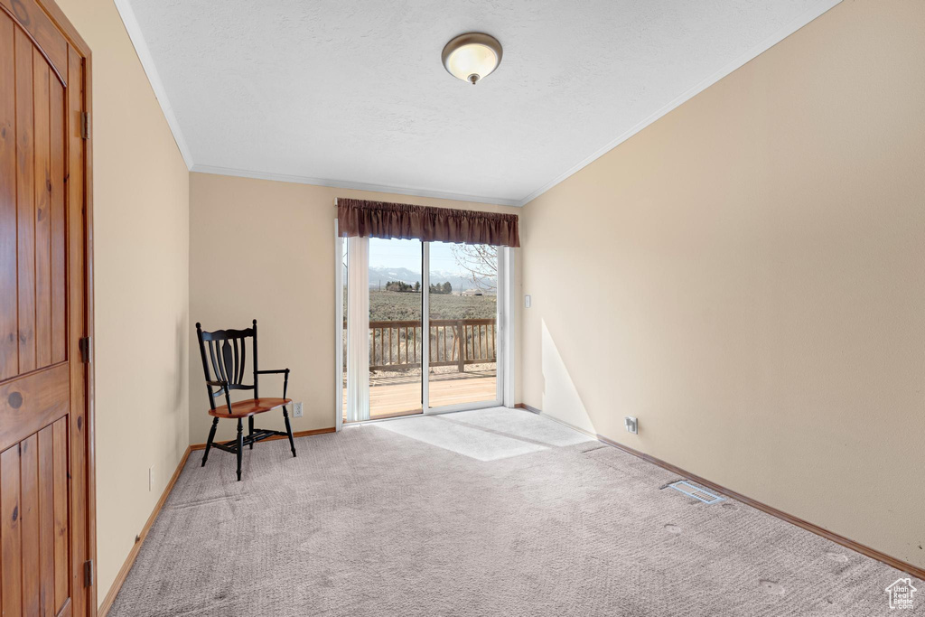 Unfurnished room featuring crown molding, light colored carpet, baseboards, and visible vents