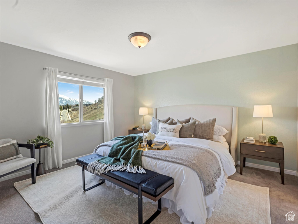 Bedroom with baseboards and light colored carpet