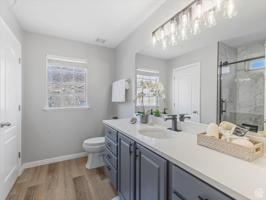 Bathroom with vanity, visible vents, toilet, wood finished floors, and a marble finish shower
